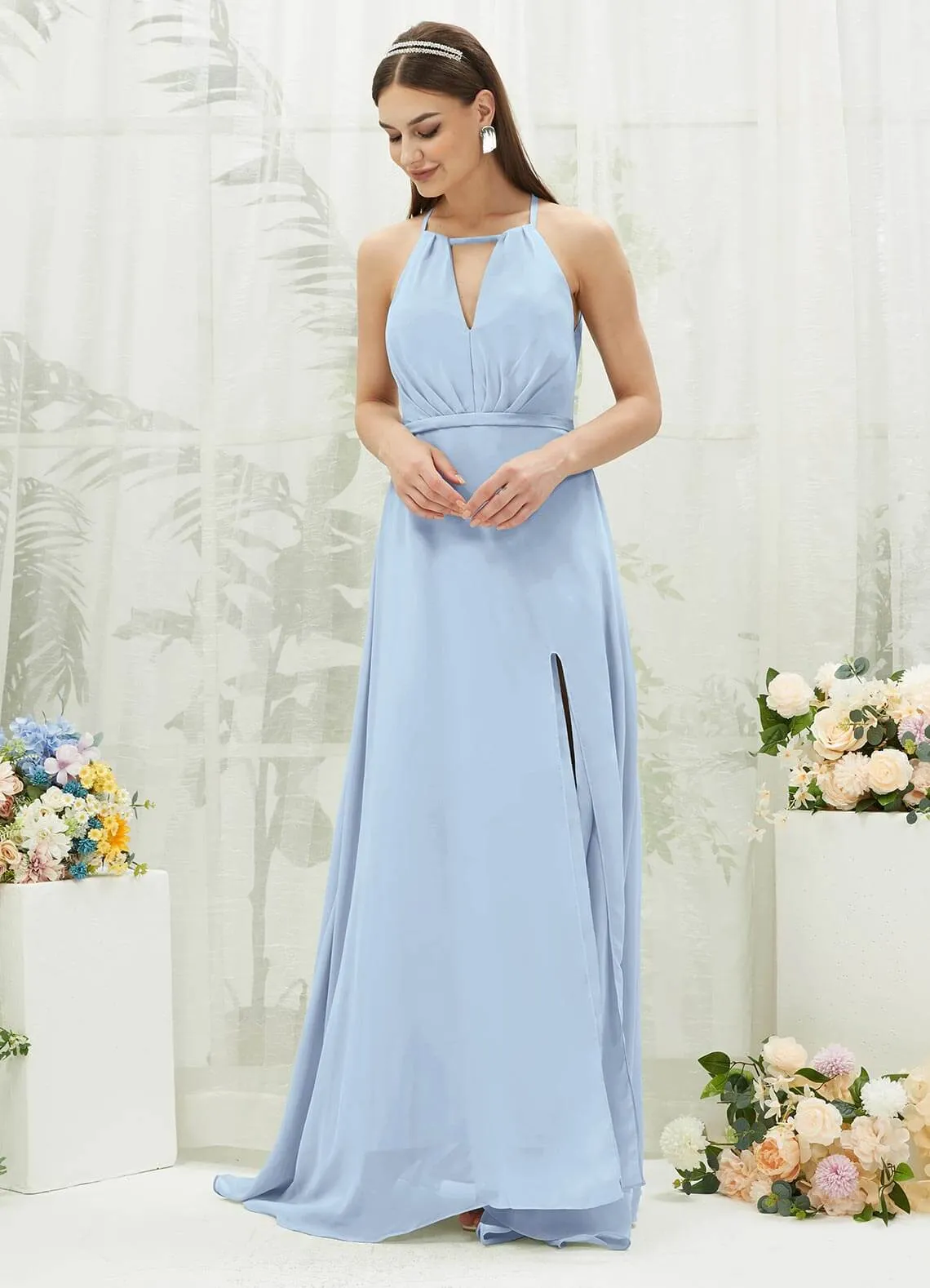 Cornflower Blue Chiffon Halter V-Neck Slit  Backless Maxi Bridesmaid Dress