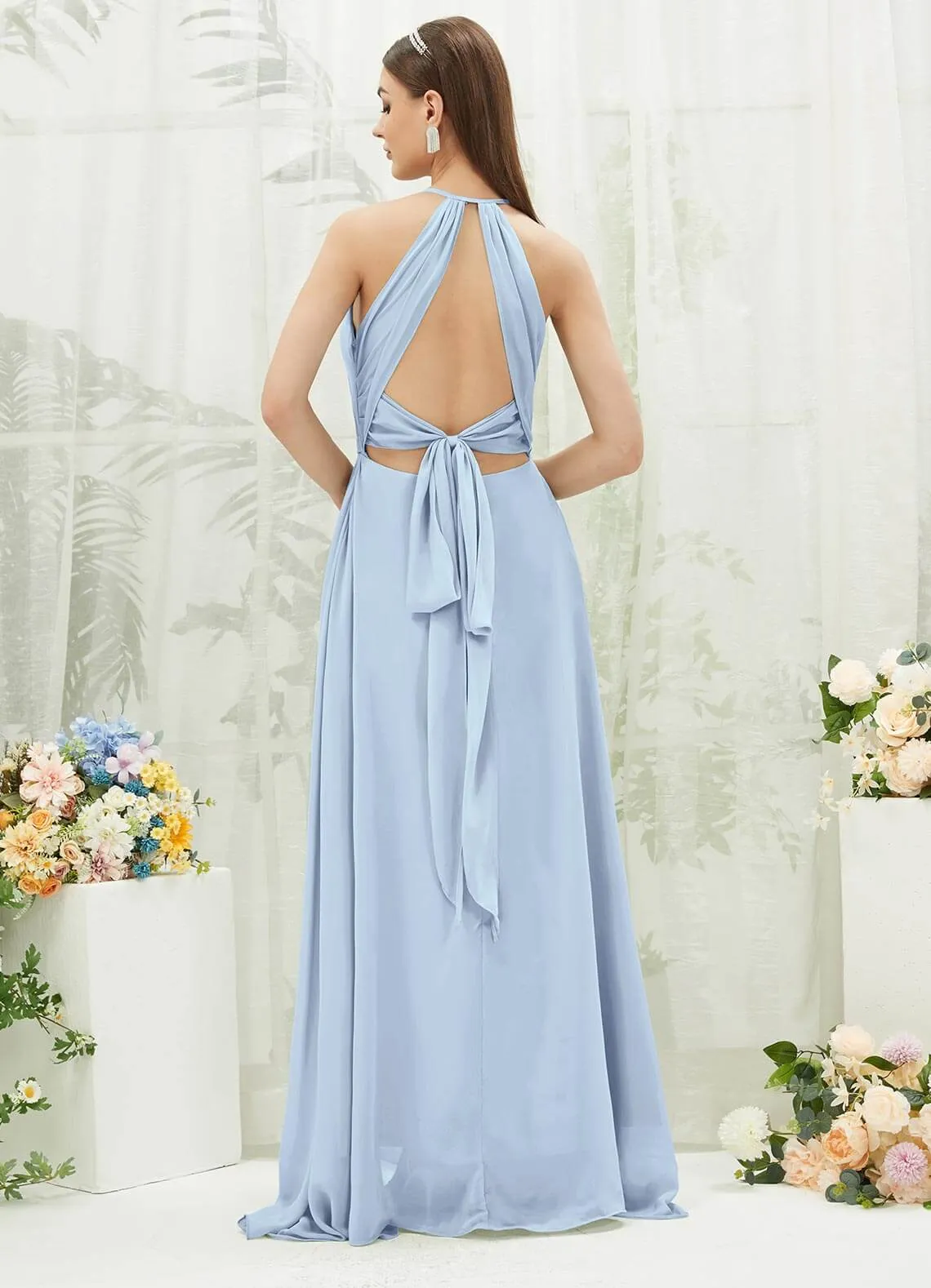 Cornflower Blue Chiffon Halter V-Neck Slit  Backless Maxi Bridesmaid Dress