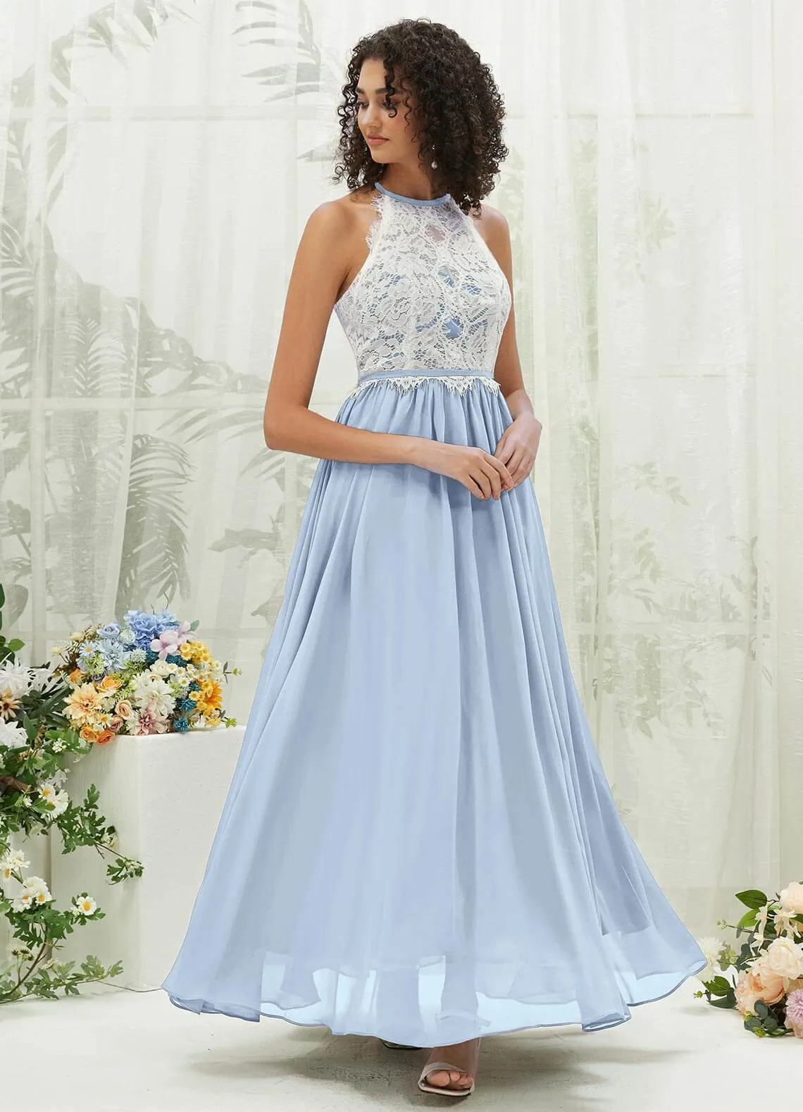 Cornflower Blue Lace Halter Neck Backless Chiffon Slit Bridesmaid Dress