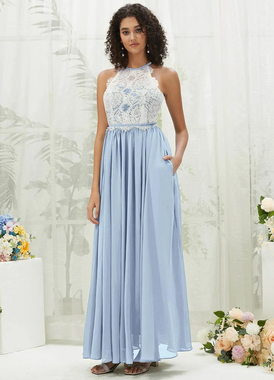 Cornflower Blue Lace Halter Neck Backless Chiffon Slit Bridesmaid Dress