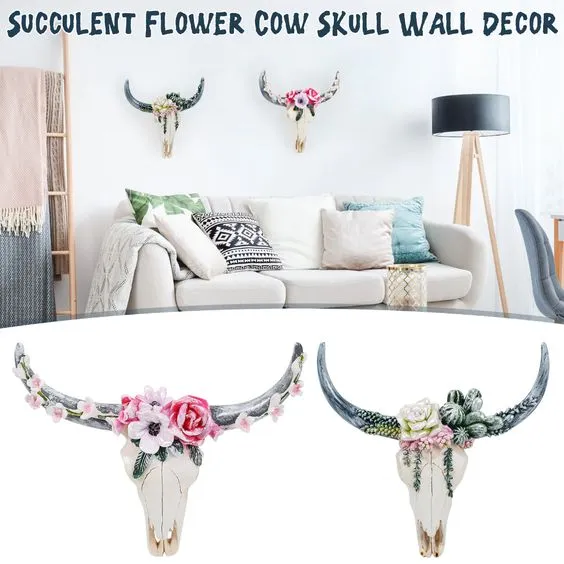 Desert Cow Skull Bohemian Decor Wall Hanging Cactus Flowers Bull Home Decoration Nail Hole On Back Choose Red Or Green Small Or Large