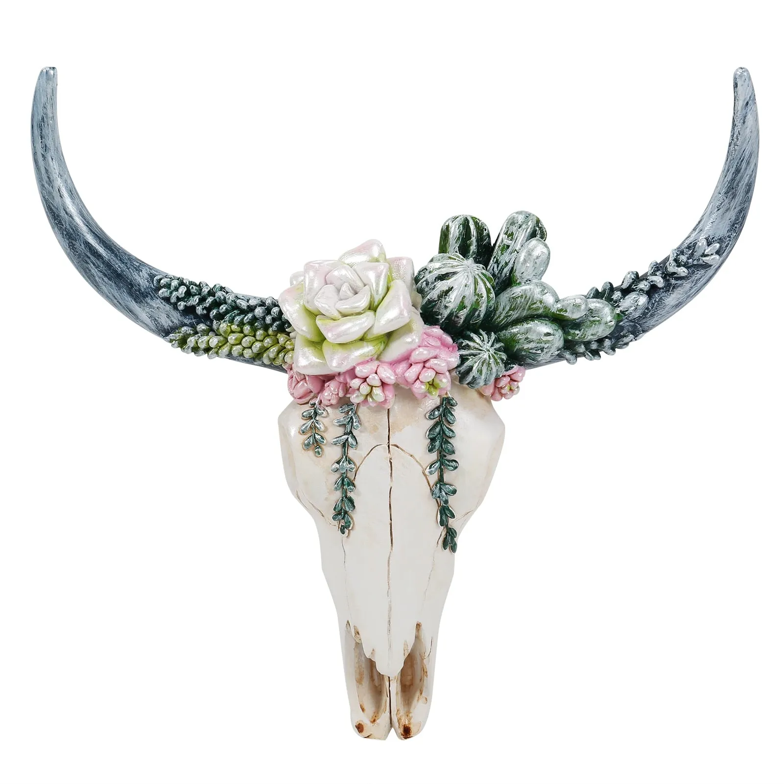 Desert Cow Skull Bohemian Decor Wall Hanging Cactus Flowers Bull Home Decoration Nail Hole On Back Choose Red Or Green Small Or Large