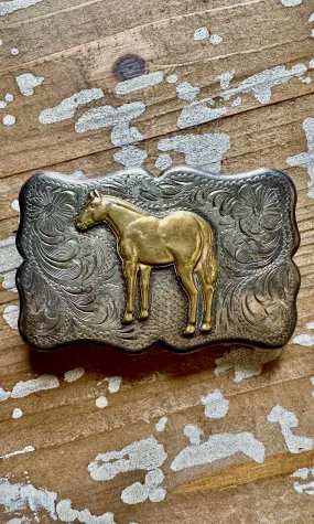 DIABLO MFG Co Large Vintage Sterling Silver and Gold Tone Horse Belt Buckle  52g