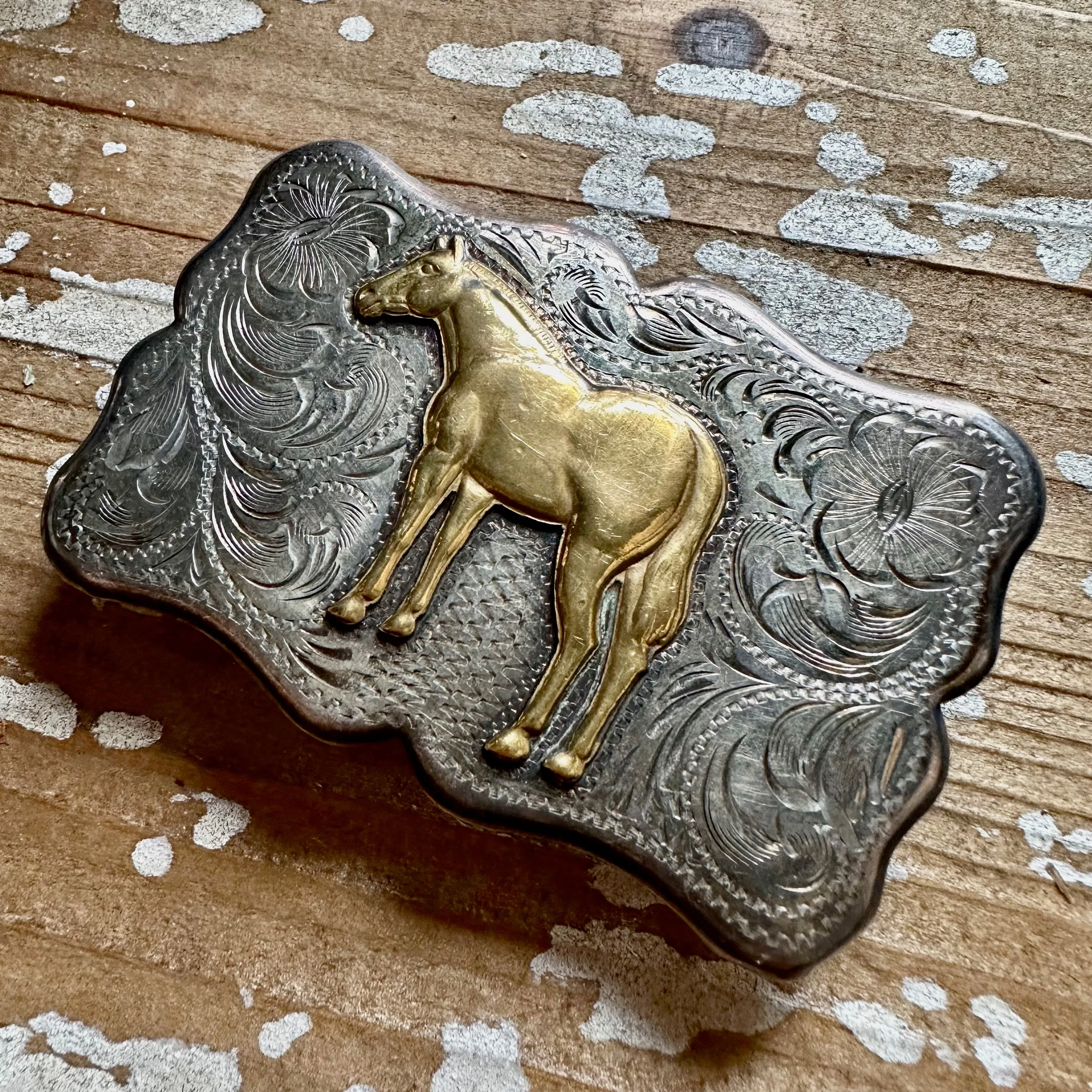 DIABLO MFG Co Large Vintage Sterling Silver and Gold Tone Horse Belt Buckle  52g