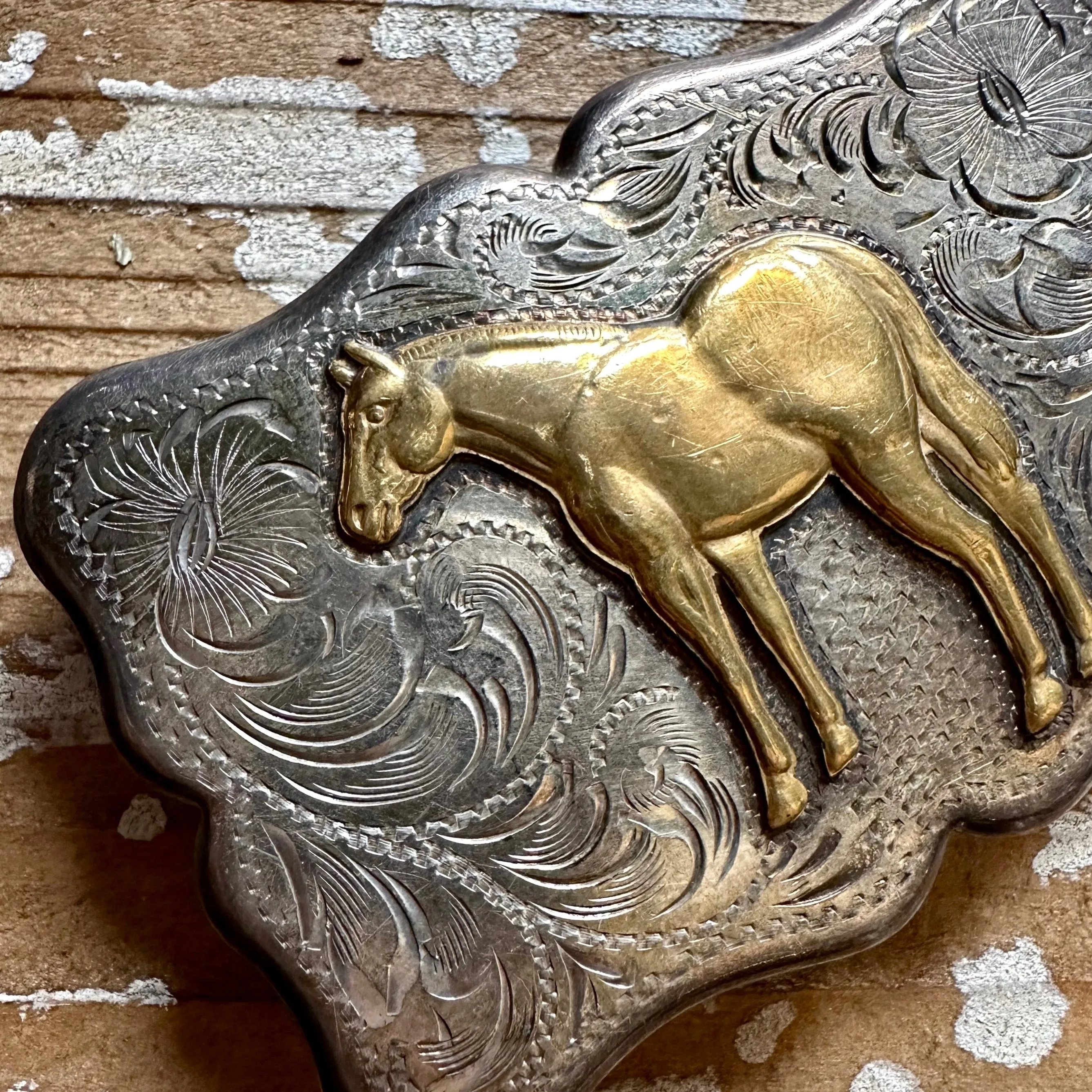 DIABLO MFG Co Large Vintage Sterling Silver and Gold Tone Horse Belt Buckle  52g