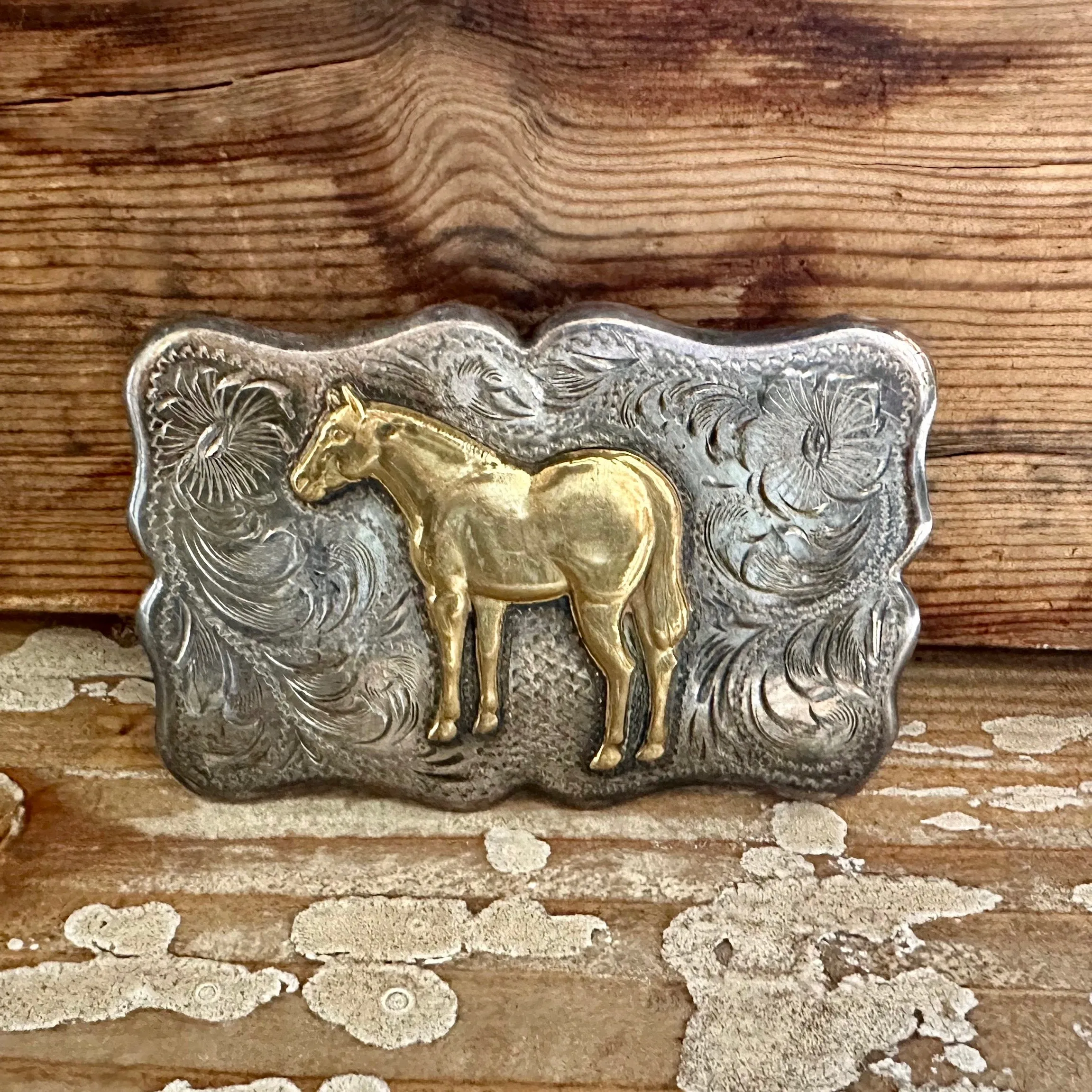 DIABLO MFG Co Large Vintage Sterling Silver and Gold Tone Horse Belt Buckle  52g