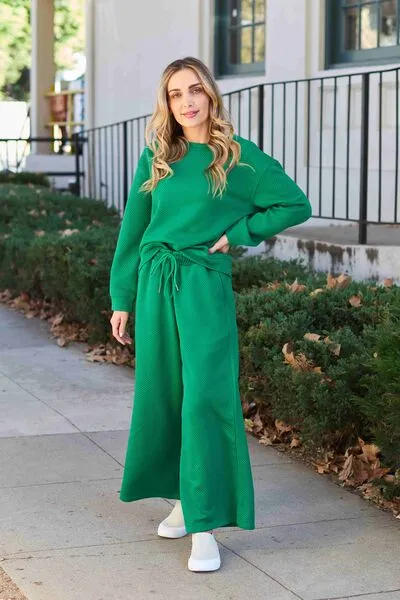 Double Take, Textured Long Sleeve Top and Drawstring Pants Set