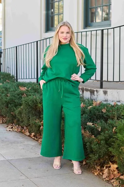 Double Take, Textured Long Sleeve Top and Drawstring Pants Set