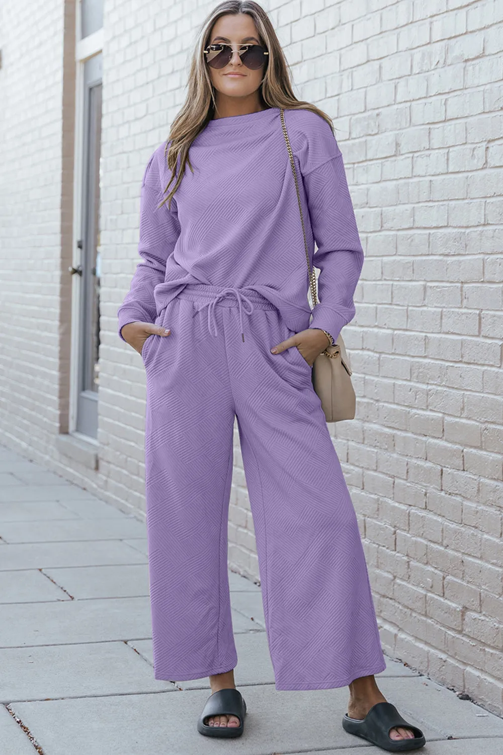 Double Take, Textured Long Sleeve Top and Drawstring Pants Set