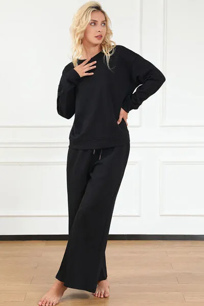 Double Take, Textured Long Sleeve Top and Drawstring Pants Set