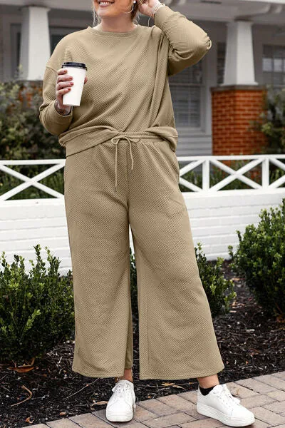 Double Take, Textured Long Sleeve Top and Drawstring Pants Set