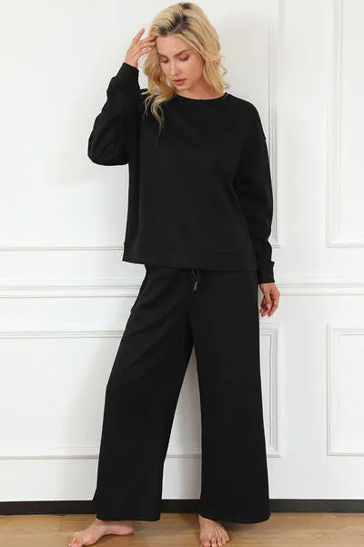 Double Take, Textured Long Sleeve Top and Drawstring Pants Set