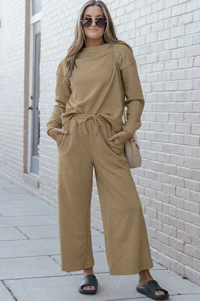 Double Take, Textured Long Sleeve Top and Drawstring Pants Set