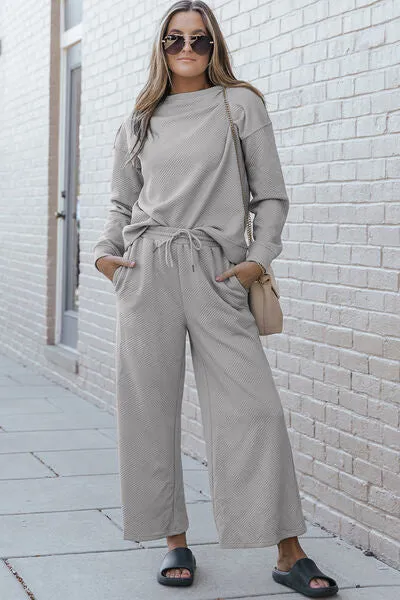 Double Take, Textured Long Sleeve Top and Drawstring Pants Set