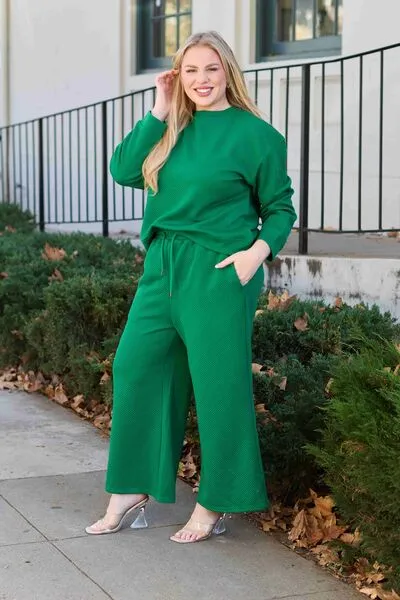 Double Take, Textured Long Sleeve Top and Drawstring Pants Set