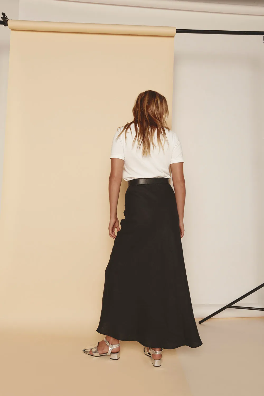 Ena Linen Bias Cut Maxi Skirt Black