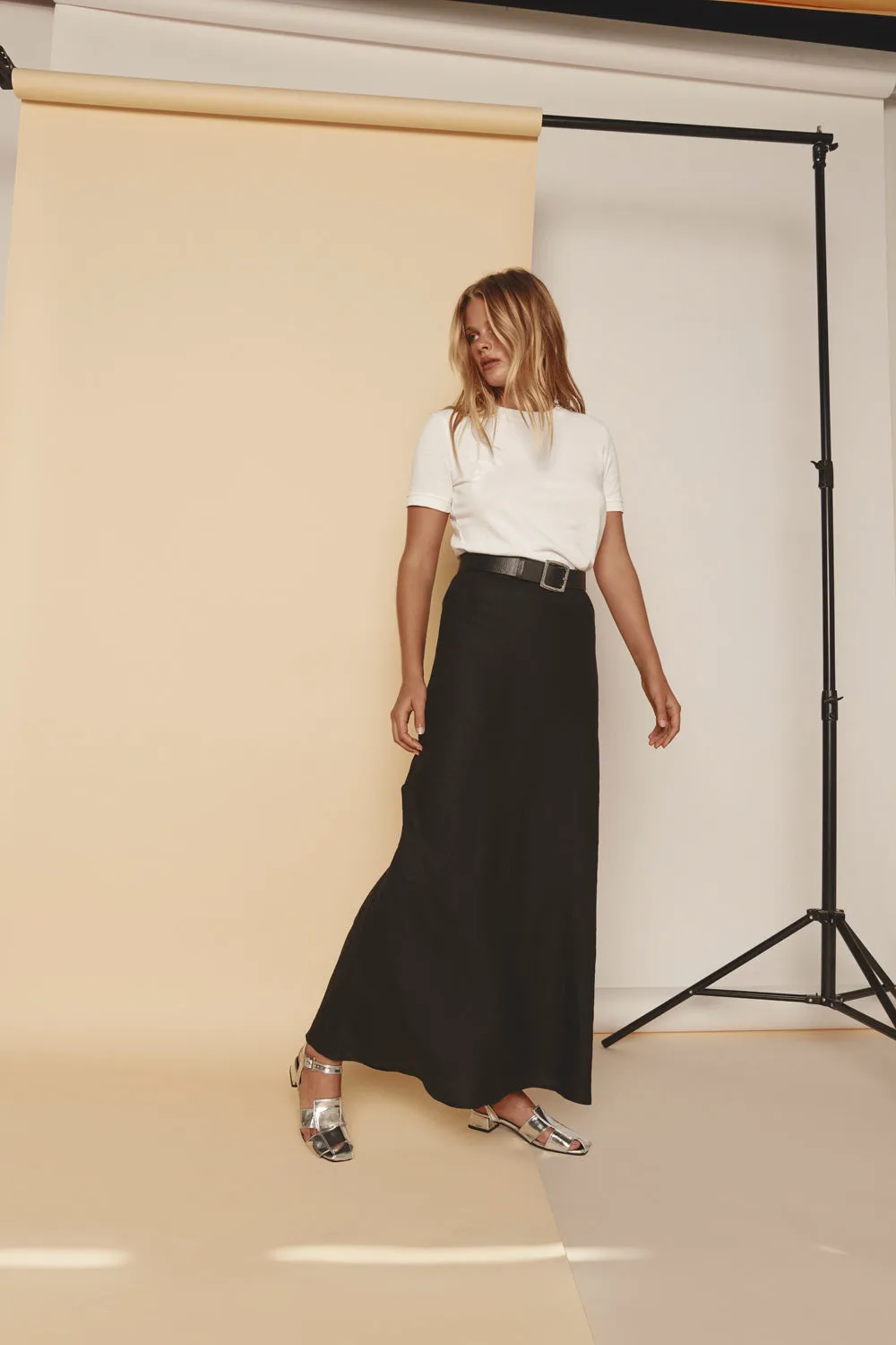 Ena Linen Bias Cut Maxi Skirt Black