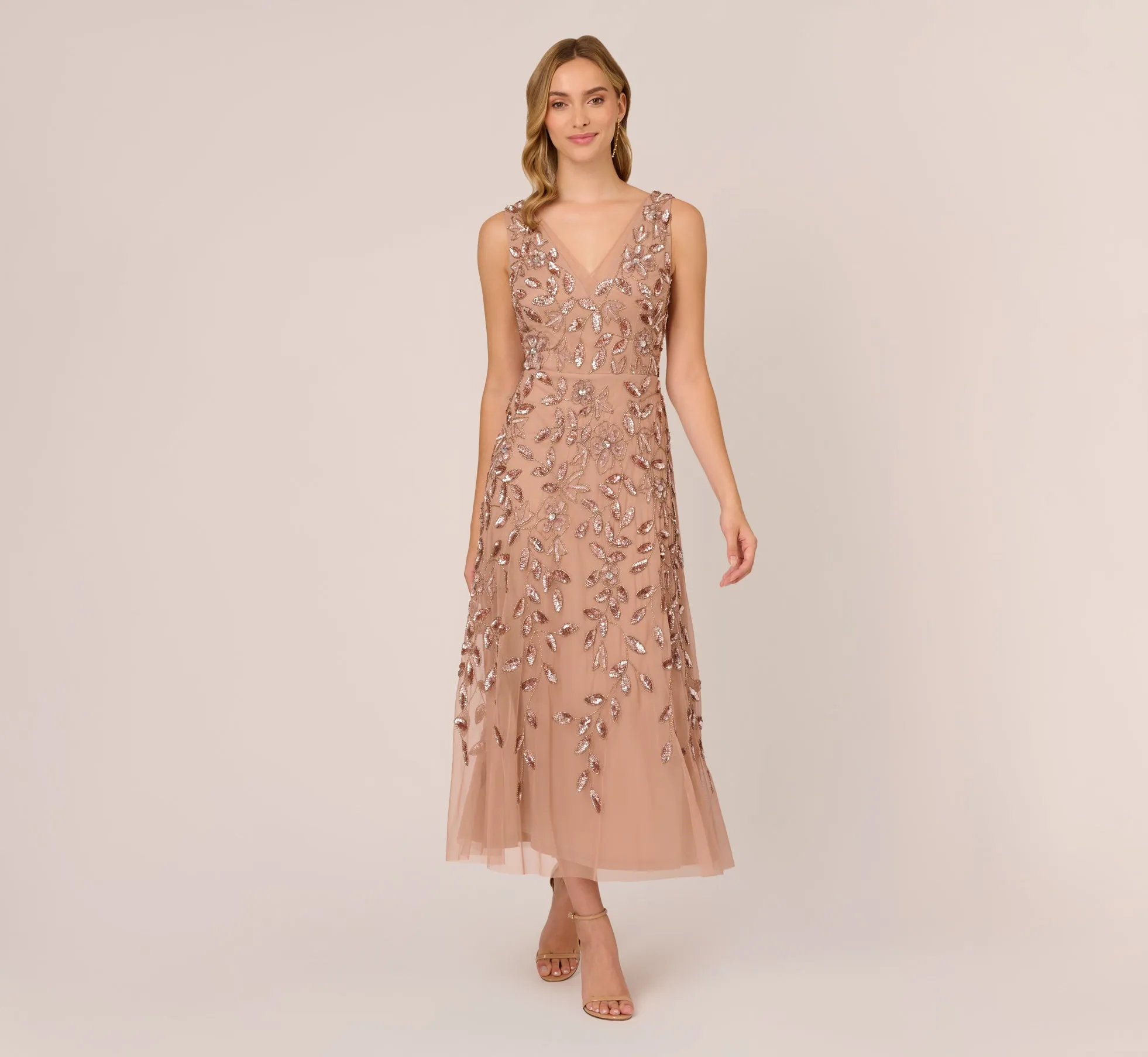 Floral Beaded Ankle Length Sleeveless Gown In Rose Gold