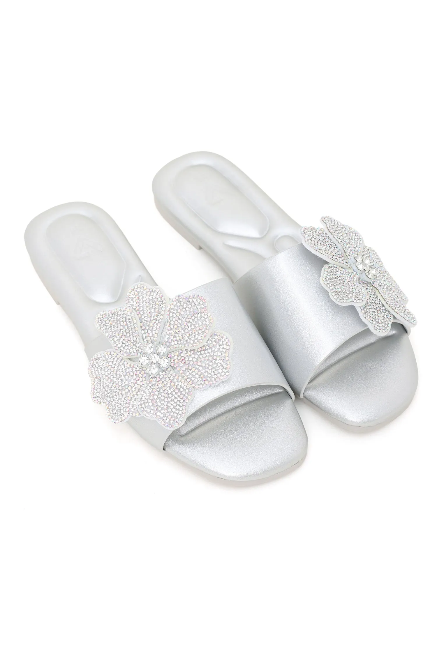 FLORAL SHIMMER SLIDES-SILVER