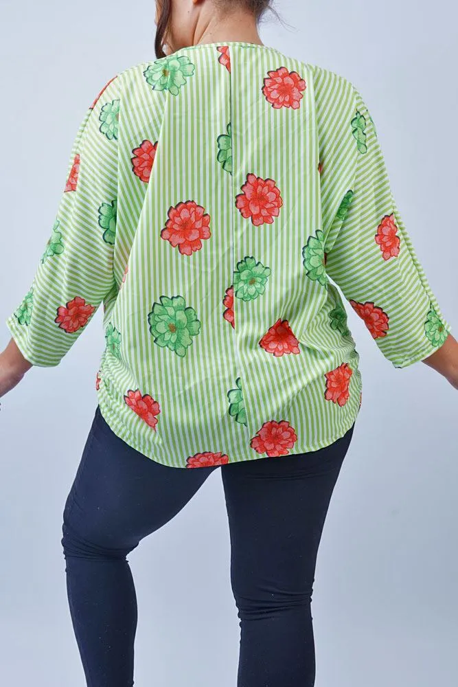 Flower Stripe Print Zip Up Top