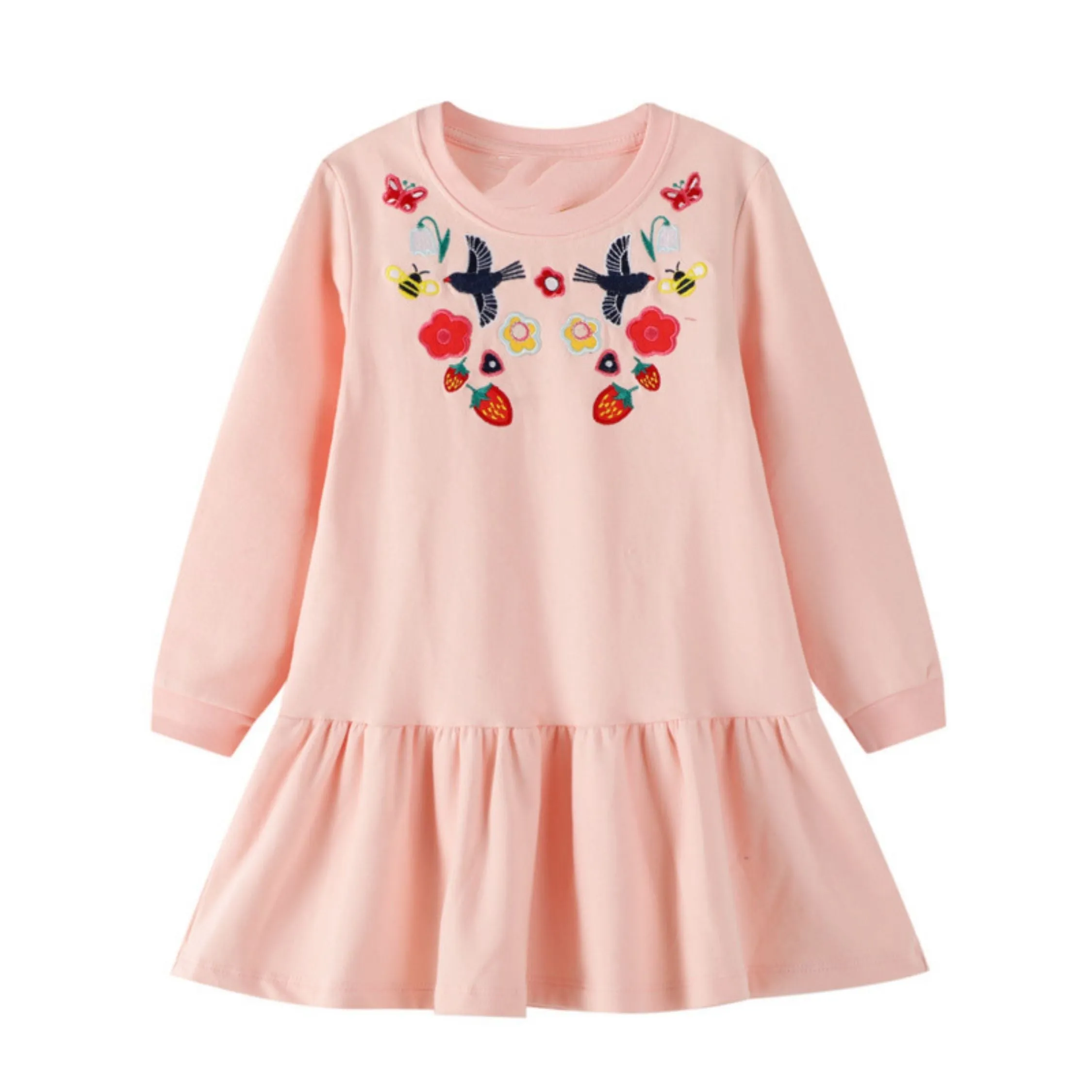 Full Sleeve Embroidered Bird Nature Theme Girls Dress, Pink