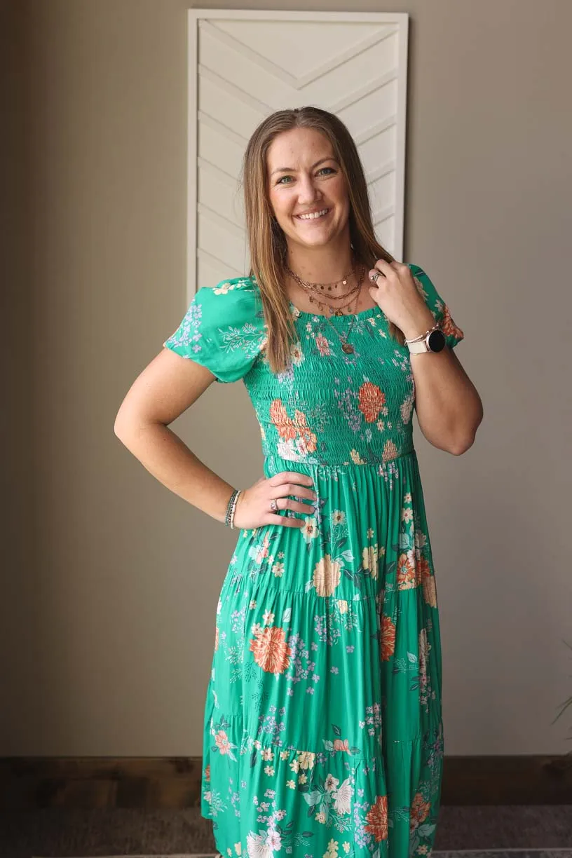 Green Floral Smocked Midi Dress • XL