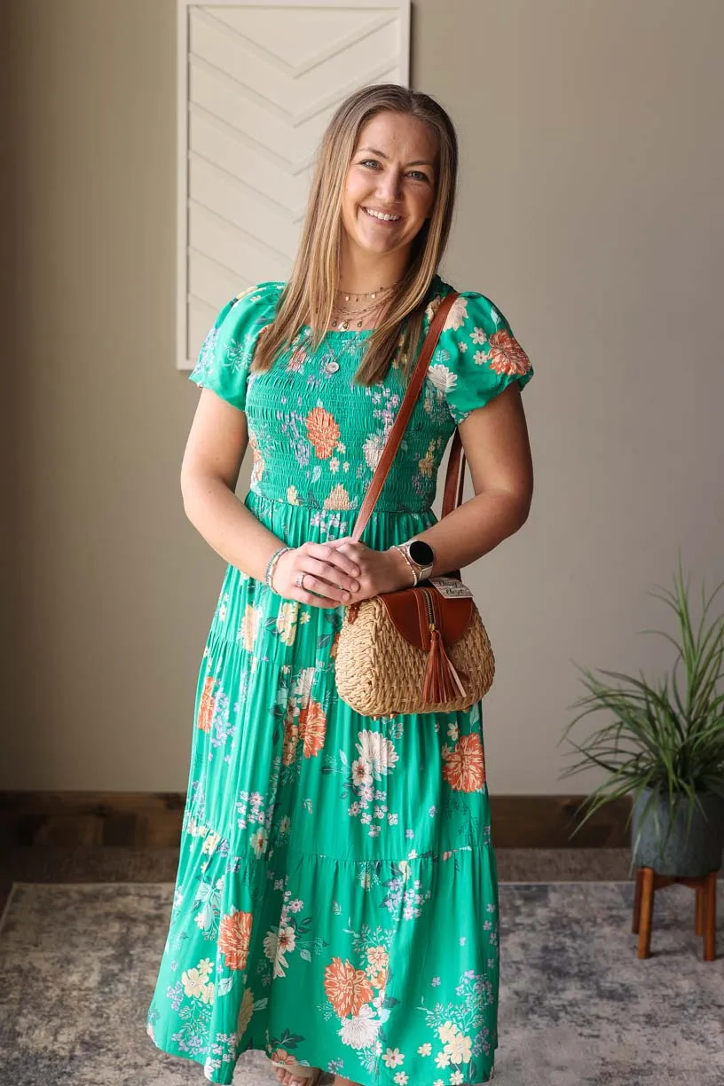 Green Floral Smocked Midi Dress • XL