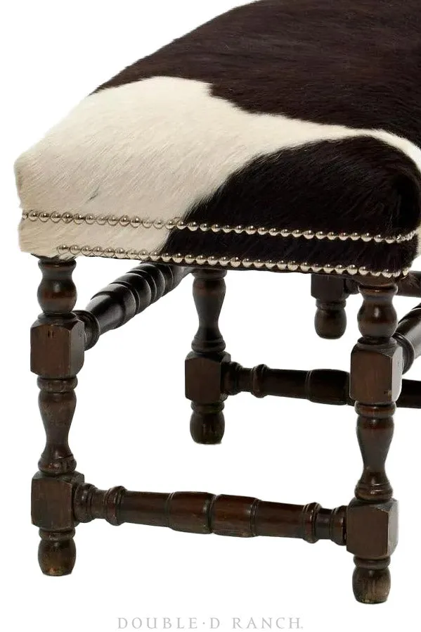 Home, Furniture, Bench, Hair On Cowhide, Turned Leg Frame, Nailheads, Vintage, 233