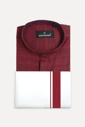 Iconic - Maroon Short Kurta and Fancy Double Dhoti Set For Men ( Assorted Borders ) | Uathayam