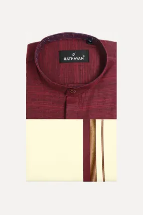 Iconic - Maroon Short Kurta Kora Double Dhoti Set For Men (Assorted Borders) | Uathayam