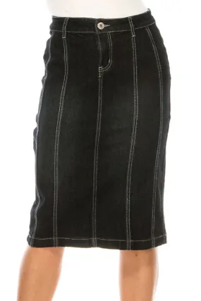 Jennifer Black Wash Stretch Jean Skirt (Five Front Stripes)