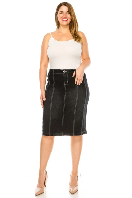 Jennifer Black Wash Stretch Jean Skirt (Five Front Stripes)