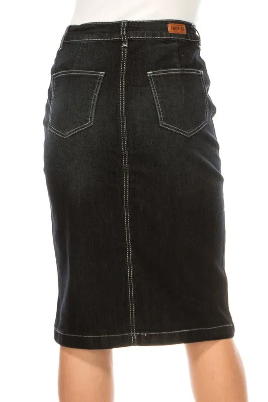 Jennifer Black Wash Stretch Jean Skirt (Five Front Stripes)