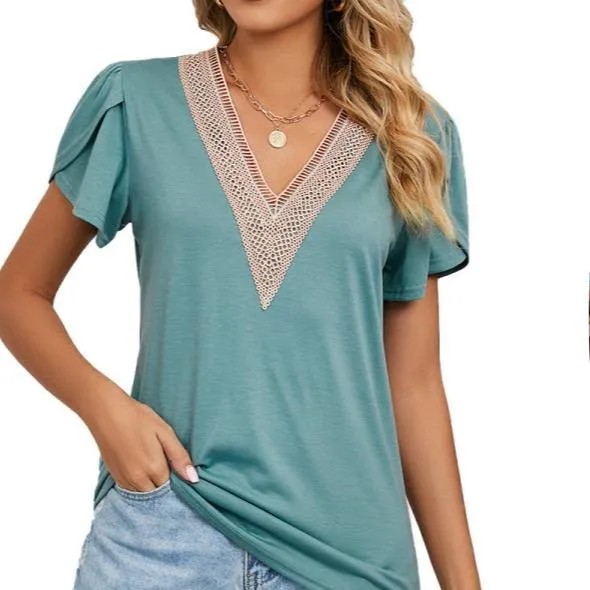 Lace-Trimmed V-Neck Short Sleeve T-Shirt for Women