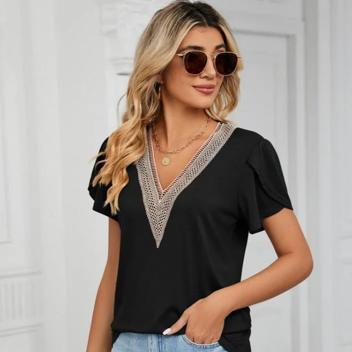 Lace-Trimmed V-Neck Short Sleeve T-Shirt for Women