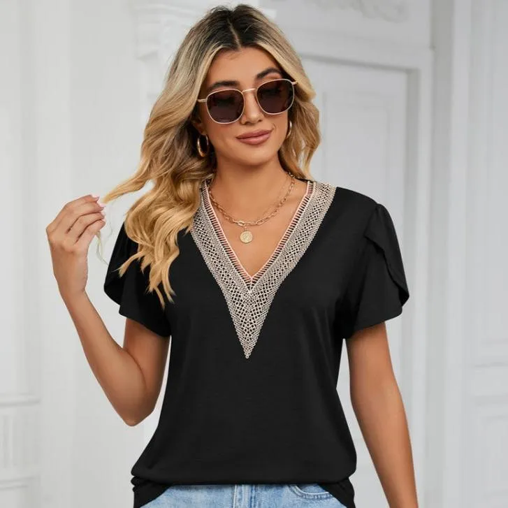 Lace-Trimmed V-Neck Short Sleeve T-Shirt for Women