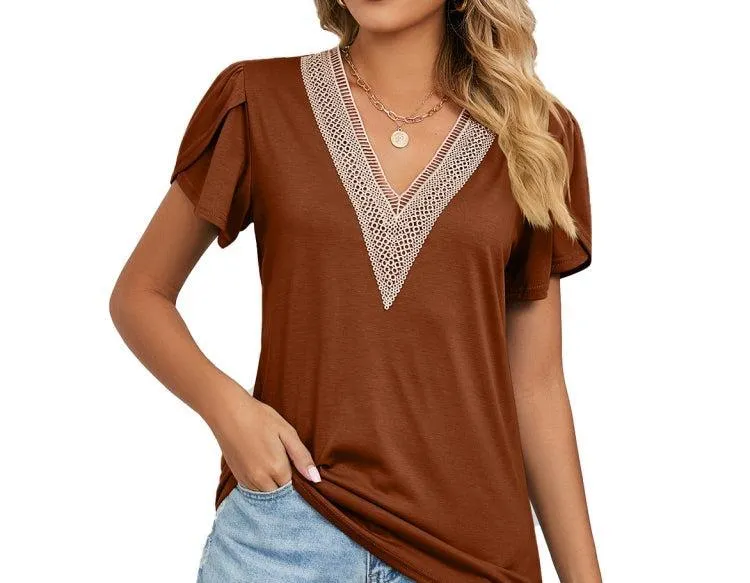 Lace-Trimmed V-Neck Short Sleeve T-Shirt for Women