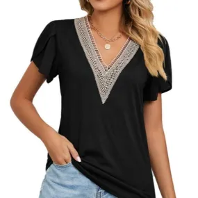 Lace-Trimmed V-Neck Short Sleeve T-Shirt for Women