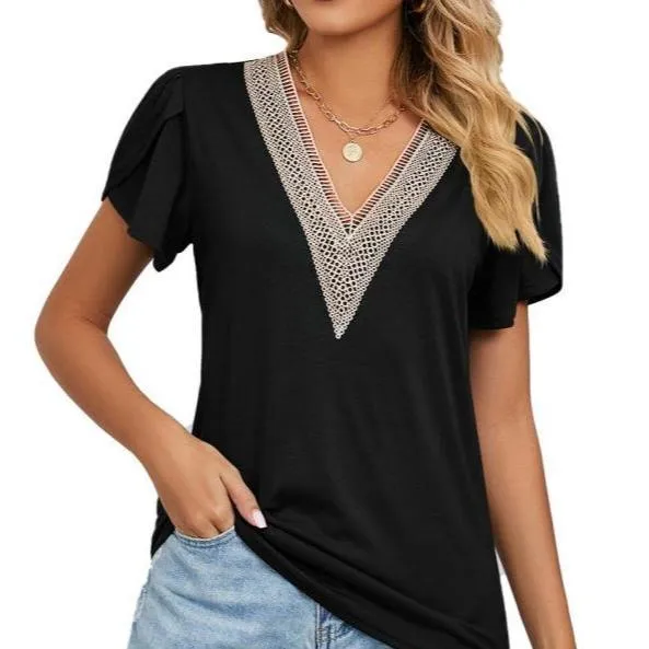 Lace-Trimmed V-Neck Short Sleeve T-Shirt for Women