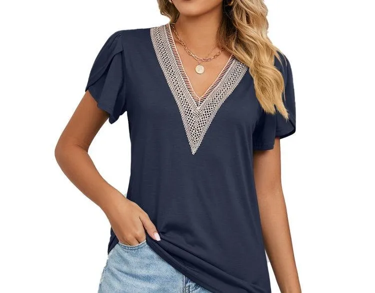 Lace-Trimmed V-Neck Short Sleeve T-Shirt for Women