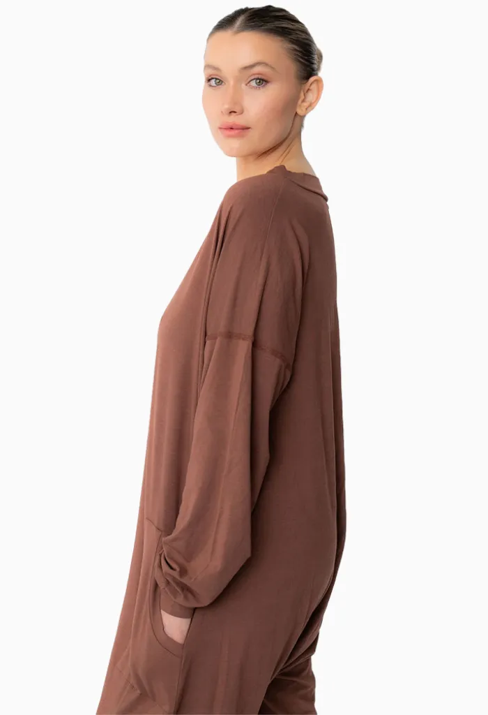 LONG SLEEVE BAMBOO ROMPER - CHESTNUT