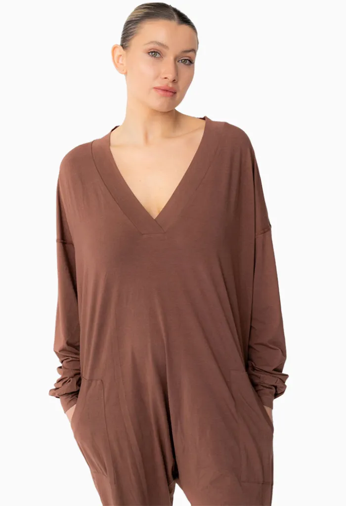 LONG SLEEVE BAMBOO ROMPER - CHESTNUT