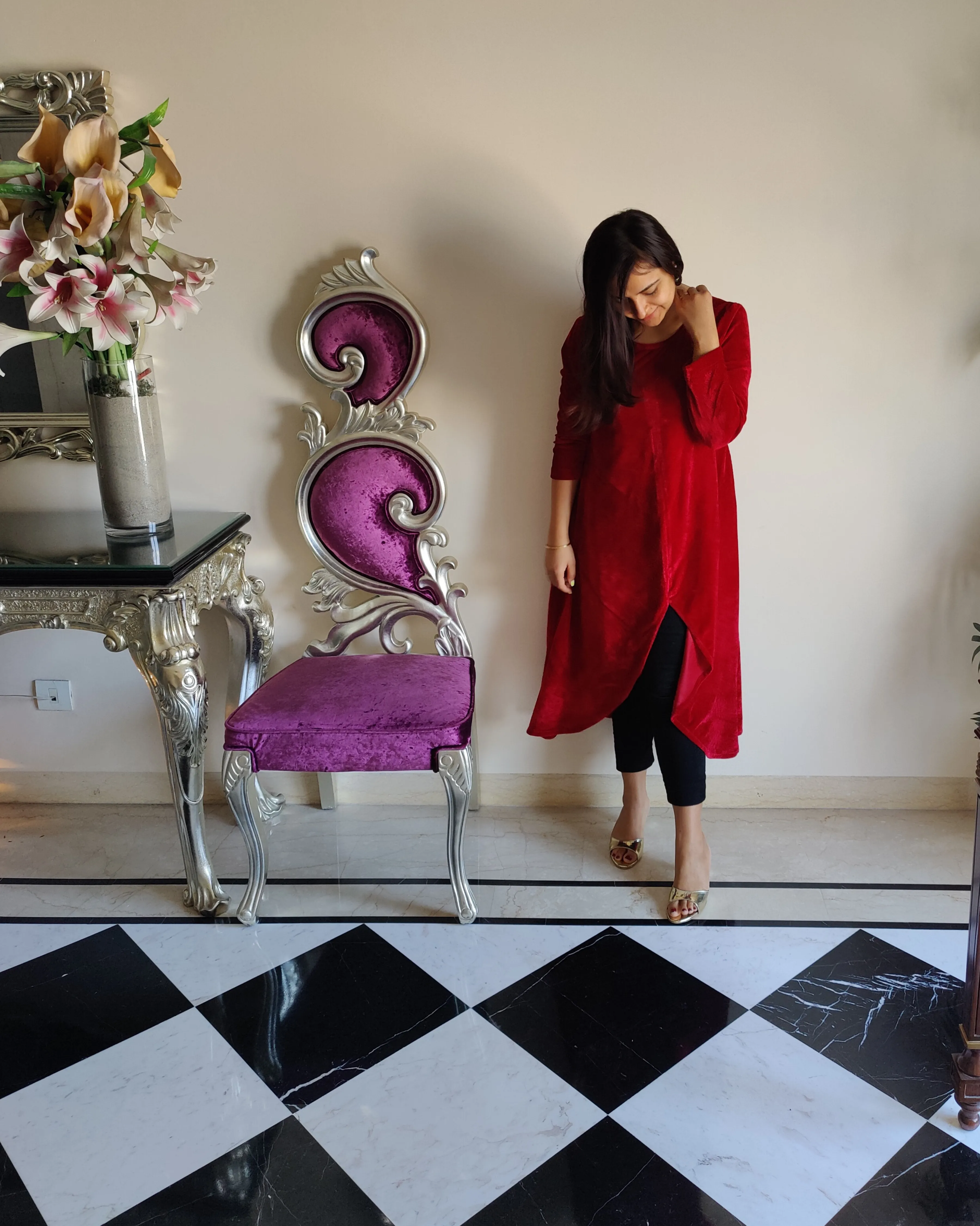 Maroon Asymmetrical Velvet Kurta