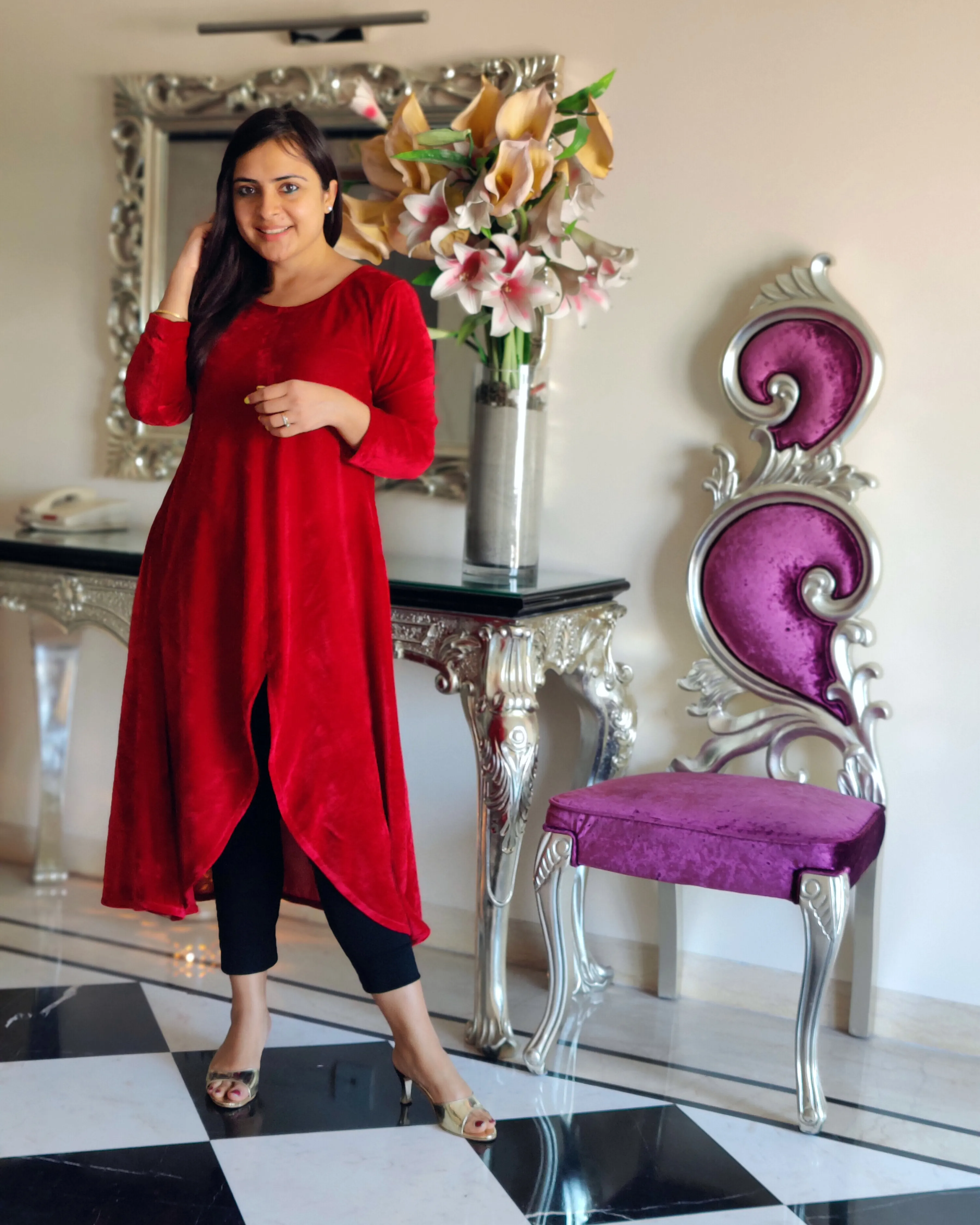 Maroon Asymmetrical Velvet Kurta