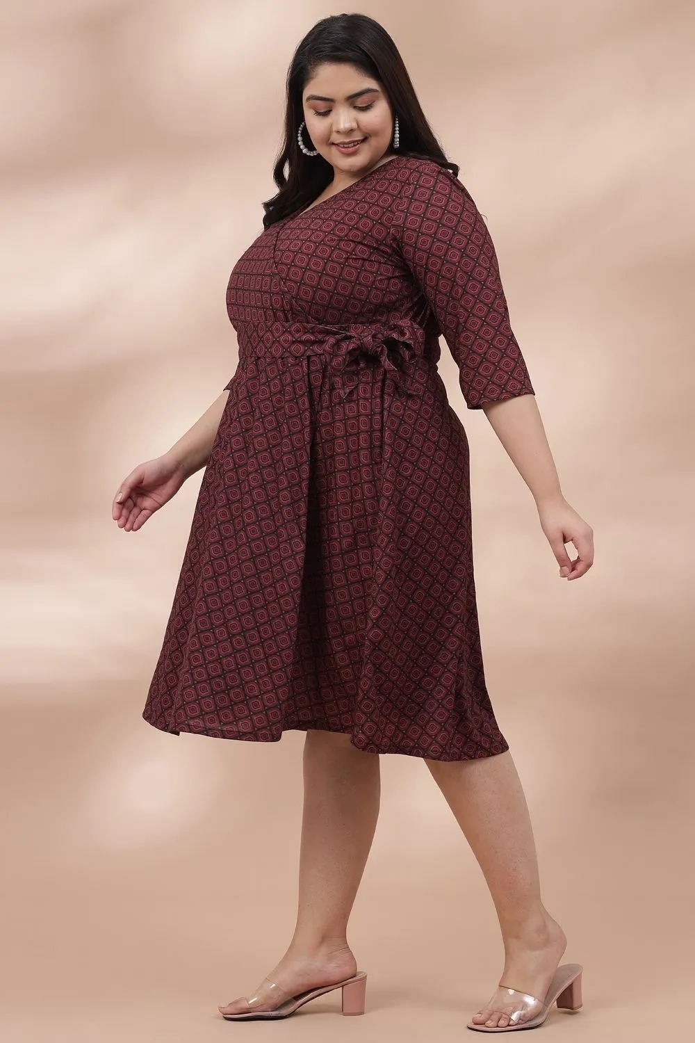 Maroon Printed True Wrap Dress