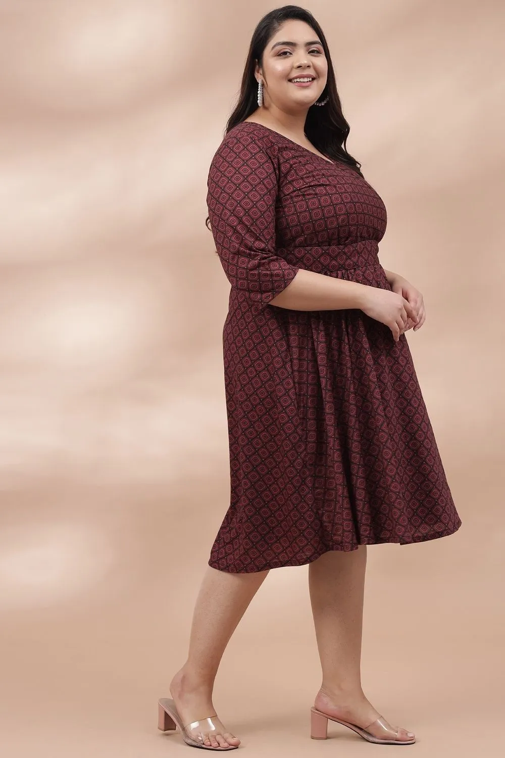 Maroon Printed True Wrap Dress