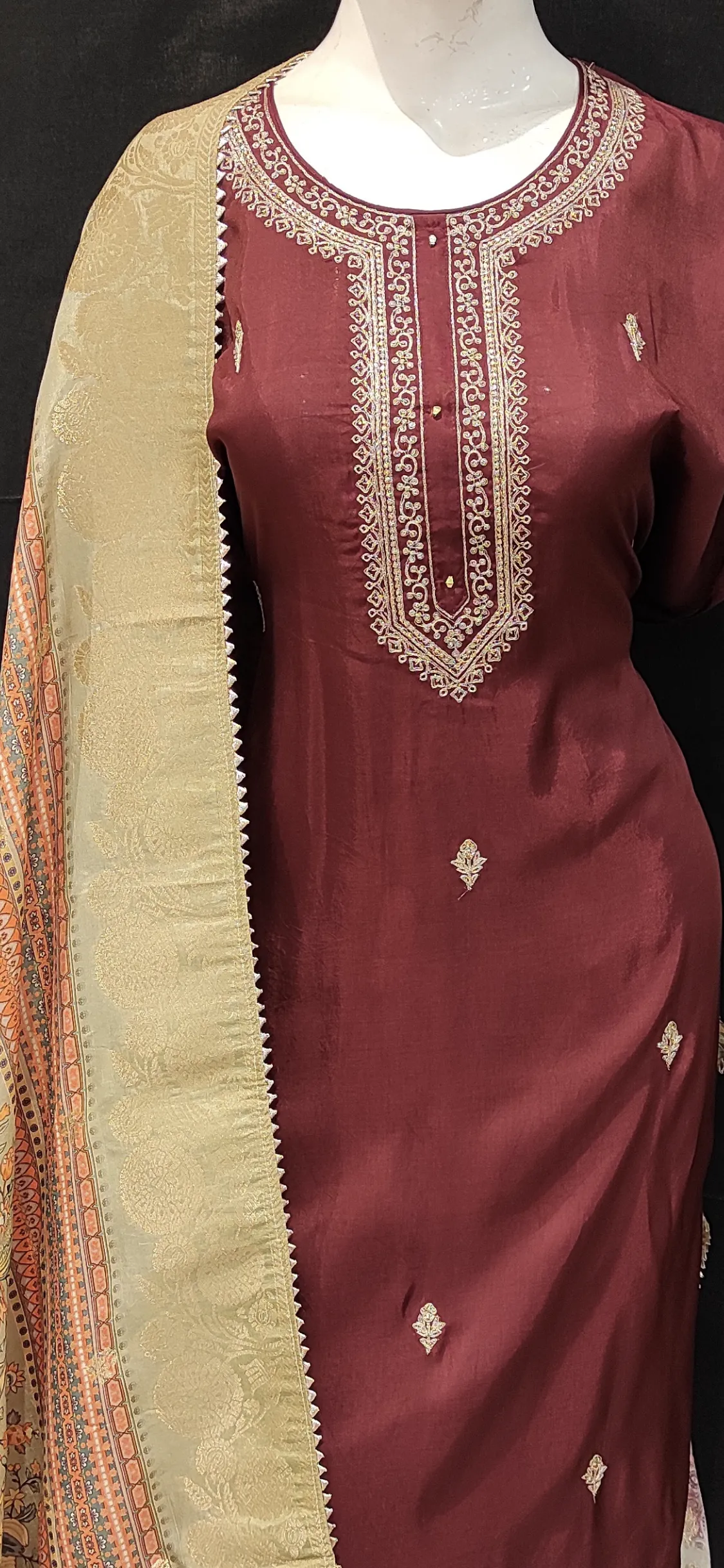 Maroon Silk Semi Stitched Suit with Printed Dupatta