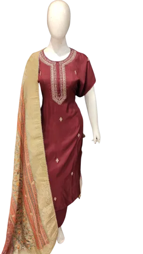 Maroon Silk Semi Stitched Suit with Printed Dupatta