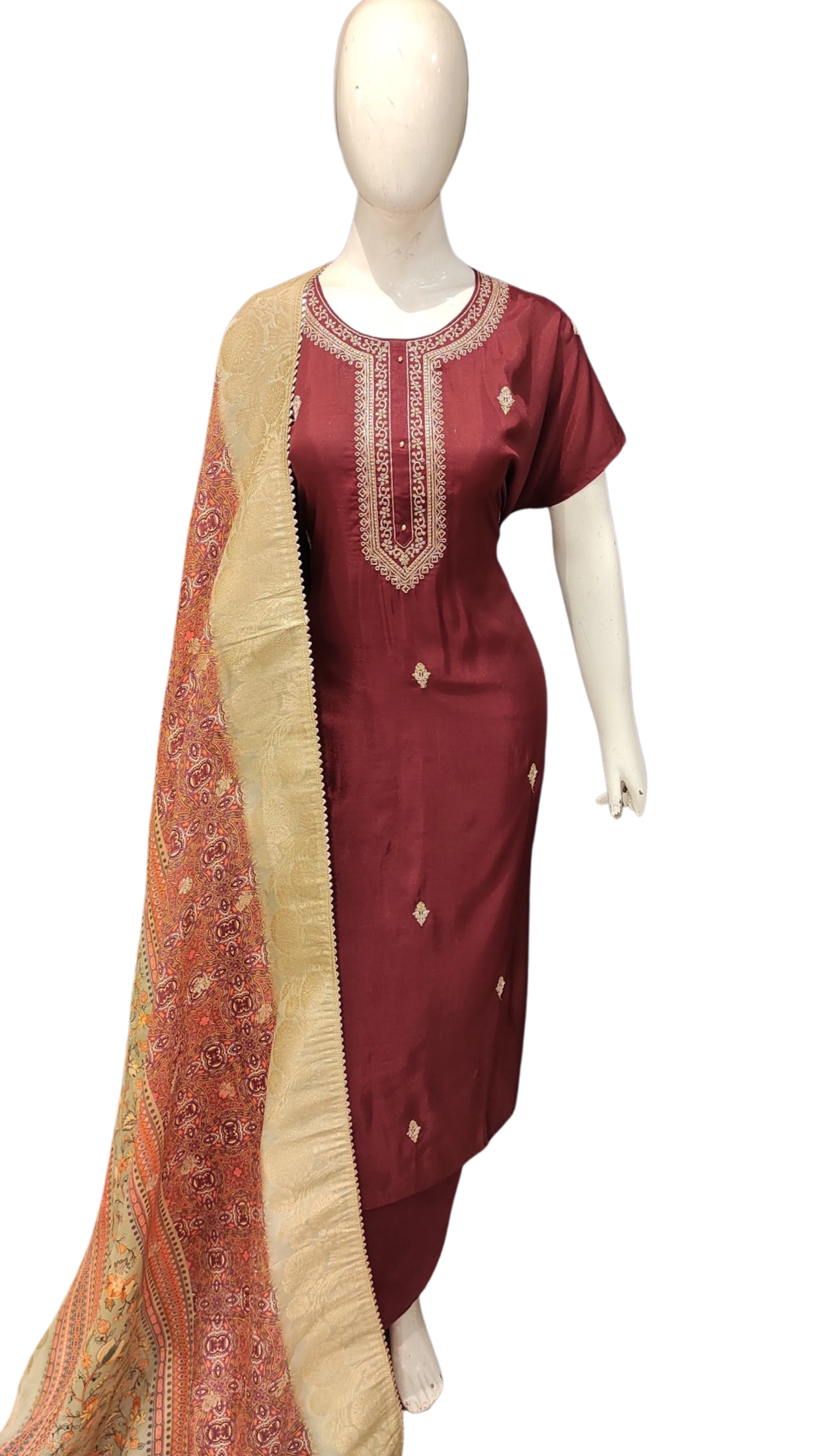 Maroon Silk Semi Stitched Suit with Zari Work and Dupatta