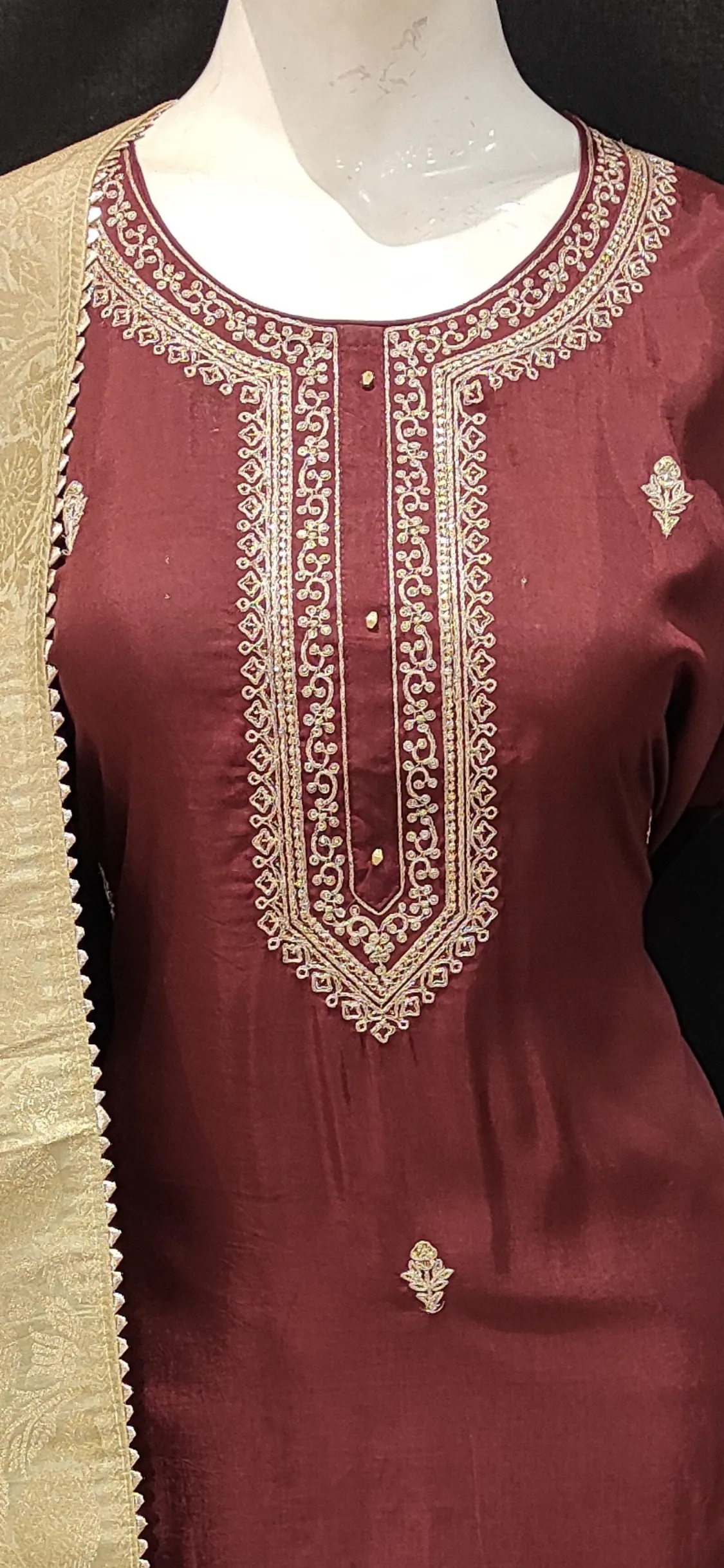 Maroon Silk Semi Stitched Suit with Zari Work and Dupatta